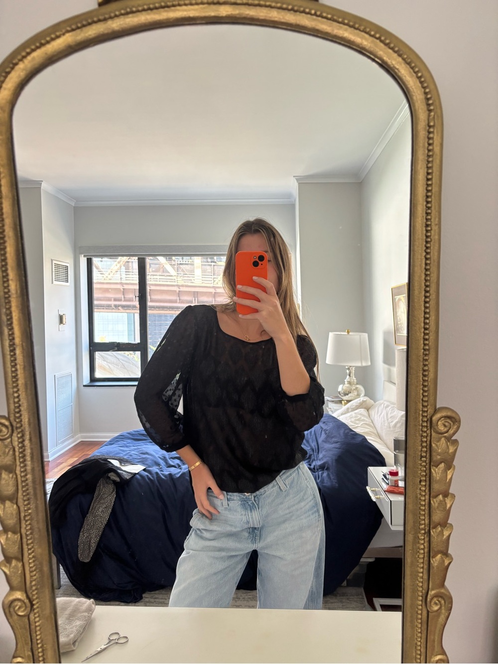 HD in Paris Black Sheer Knit Blouse with Subtle Chevron Texture